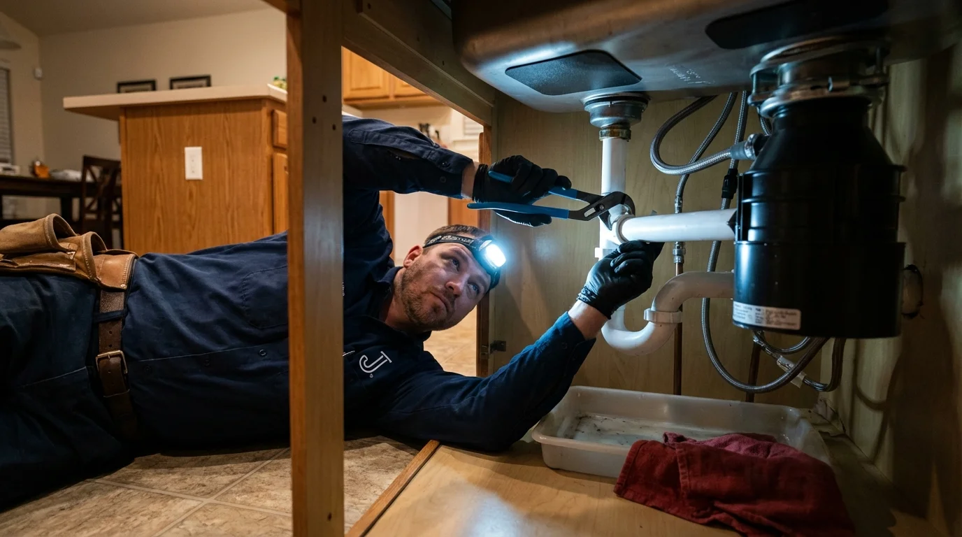 P-trap and supply line connections under a kitchen sink showing a common leak point in Hastings, MN